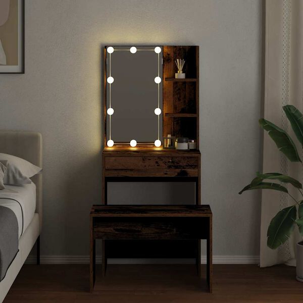 vidaXL Schminktisch-Set mit LED-Leuchten Altholz-Optik Holzwerkstoff