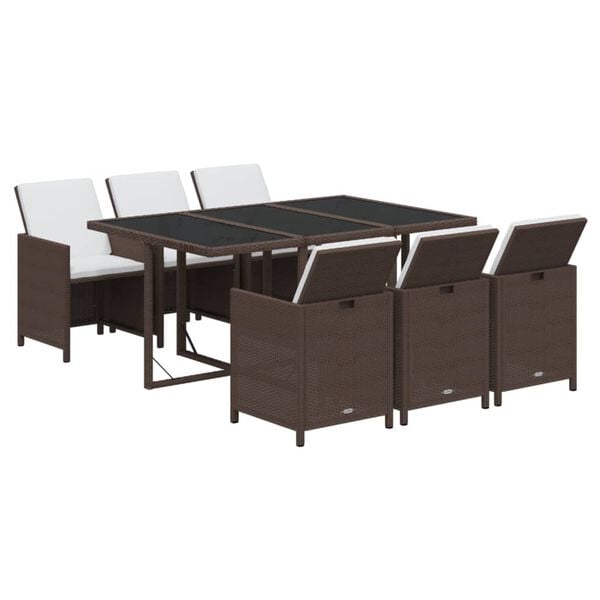 vidaXL 7-tlg. Garten-Essgruppe mit Kissen Poly Rattan Braun