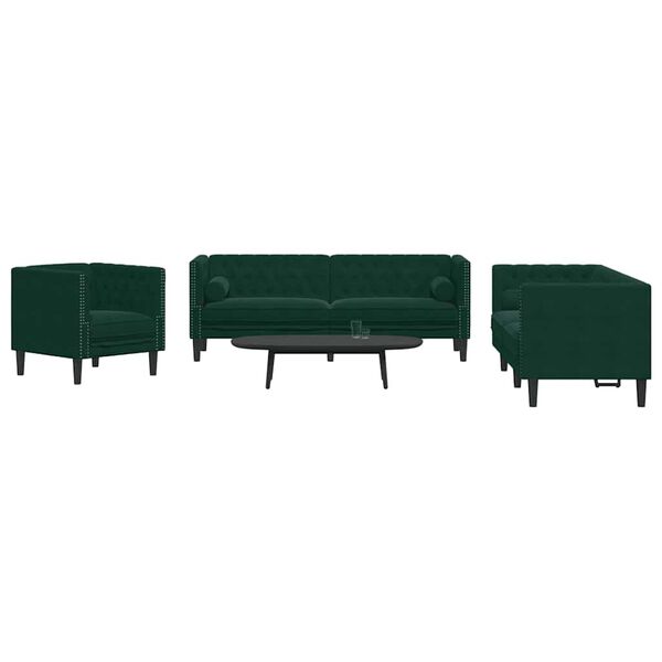 vidaXL 3-tlg. Chesterfield-Sofa-Set mit Nackenrollen Dunkelgr&uuml;n Samt