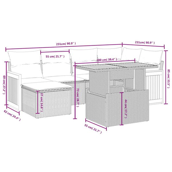 vidaXL 6-tlg. Garten-Sofagarnitur mit Kissen Beige Poly Rattan