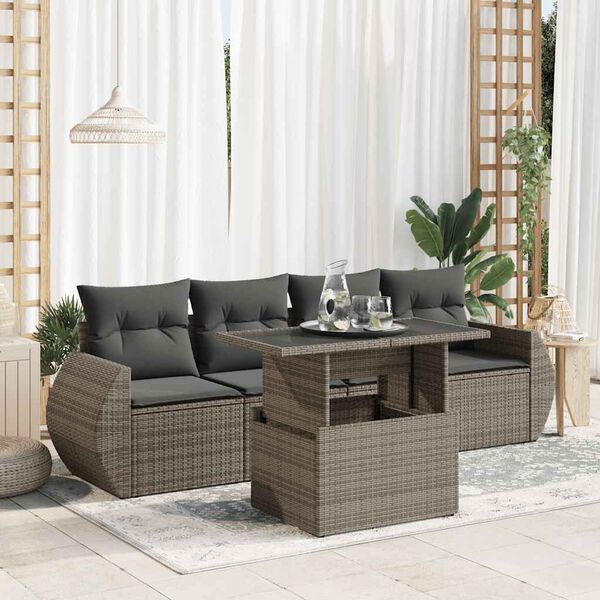 vidaXL 5-tlg. Garten-Sofagarnitur mit Kissen Grau Poly Rattan