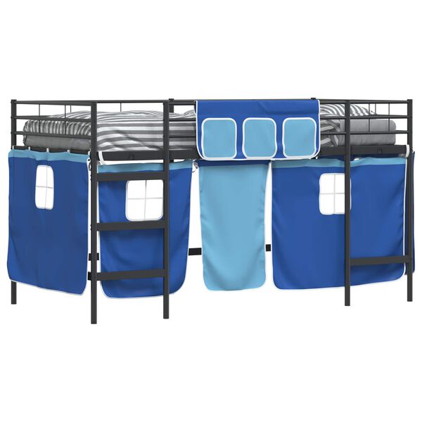 vidaXL Kinder Loft Bettgestell mit Vorh&auml;ngen Schwarz und Blau