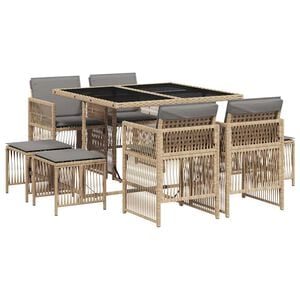 vidaXL 9-tlg. Garten-Essgruppe mit Kissen Beigemischung Poly Rattan