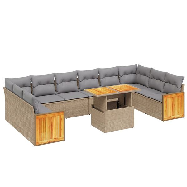 vidaXL 11-tlg. Garten-Sofagarnitur mit Kissen Beige Poly Rattan