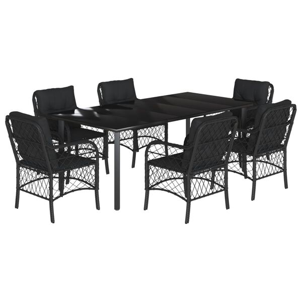 vidaXL 7-tlg. Garten-Essgruppe mit Kissen Schwarz Poly Rattan