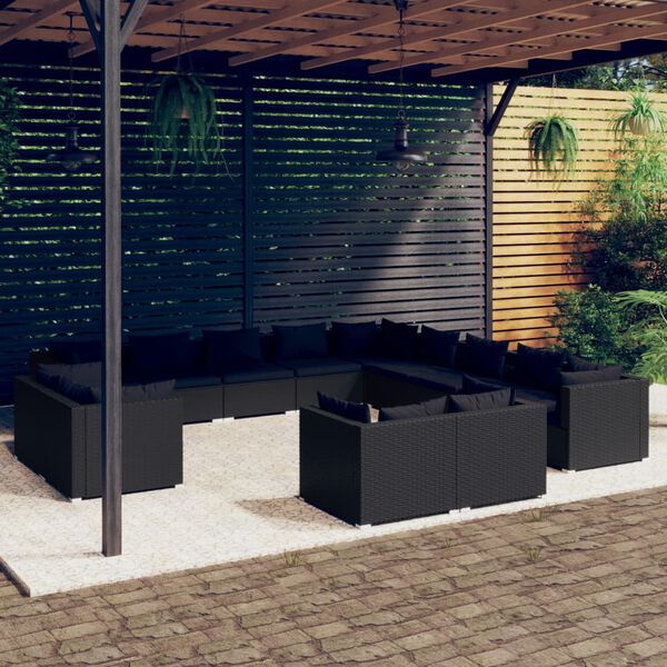 vidaXL 13-tlg. Garten-Lounge-Set mit Kissen Schwarz Poly Rattan
