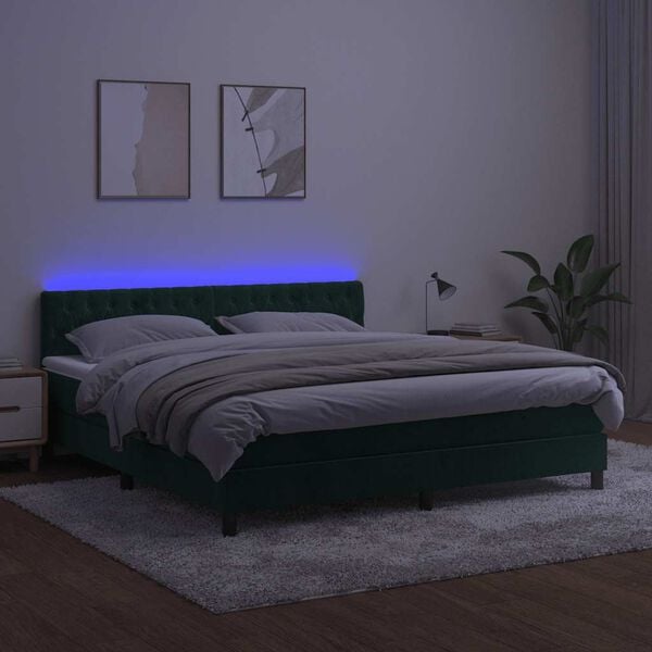 vidaXL Boxspringbett mit Matratze & LED Dunkelgr&uuml;n 180x200 cm Samt