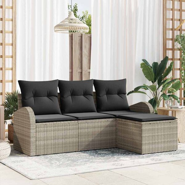 vidaXL Sofa Set mit Kissen mit Speicher 4 pcs Hellgrau Poly-Rattan