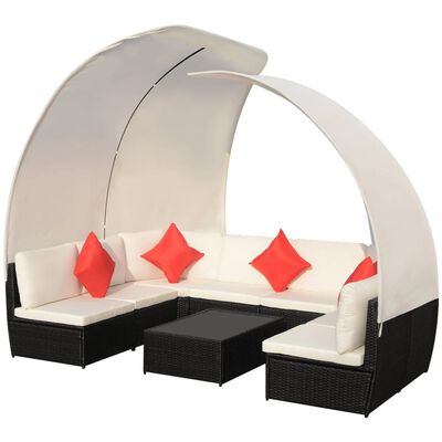 vidaXL 9-tlg. Garten-Lounge-Set mit Sonnendächern Poly Rattan Schwarz