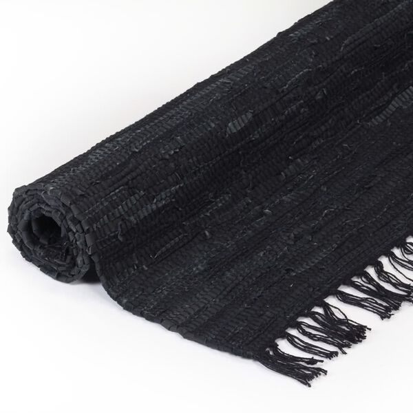 vidaXL Handgewebter Chindi-Teppich Leder 190x280 cm Schwarz