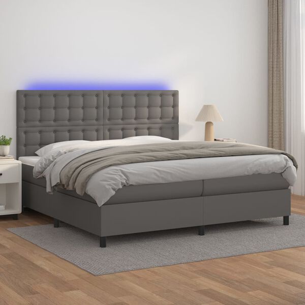 vidaXL Boxspringbett mit Matratze & LED Grau 200x200 cm Kunstleder