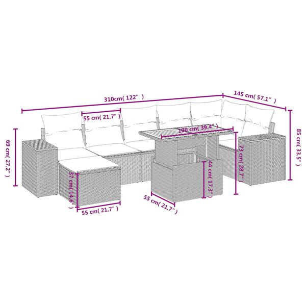 vidaXL 8-tlg. Garten-Sofagarnitur mit Kissen Grau Poly Rattan