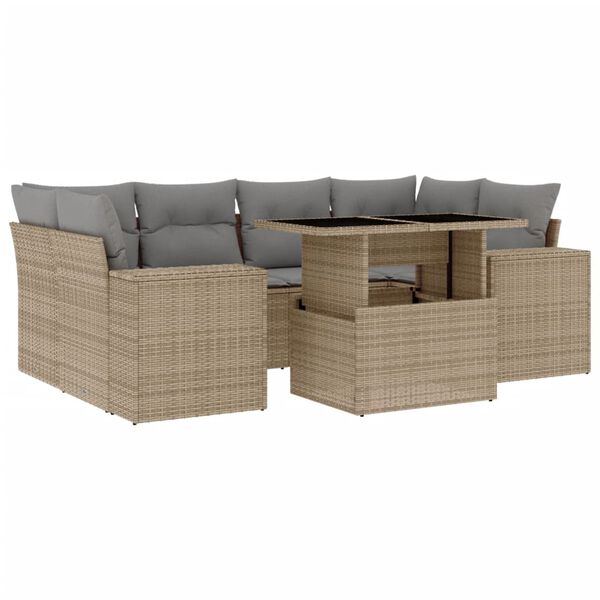 vidaXL 7-tlg. Garten-Sofagarnitur mit Kissen Beige Poly Rattan