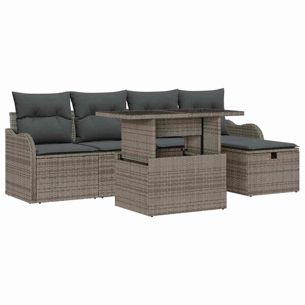vidaXL Garten-Sofa-Set mit Kissen mit Speicher 6 pcs Grau Poly Rattan