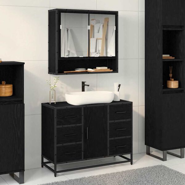vidaXL Badezimmerm&ouml;bel-Set 2 pcs Schwarz Eichen-Optik Holzwerkstoff