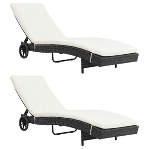 vidaXL Sonnenliegen 2 Stk. mit Rollen und Auflagen Poly Rattan Schwarz