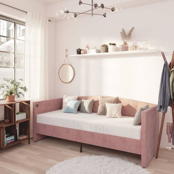 vidaXL Tagesbett mit Matratze USB Rosa Samt 90x200 cm
