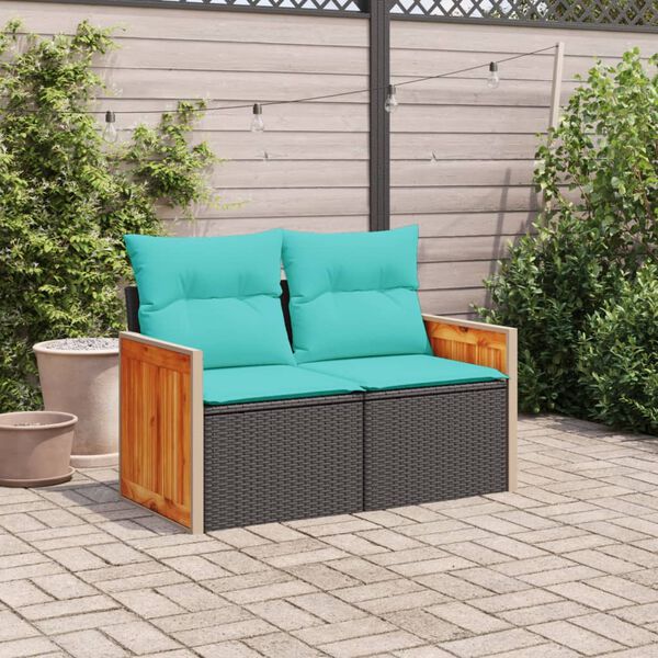 vidaXL Gartensofa mit Kissen 2-Sitzer Schwarz Poly Rattan