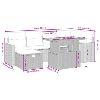 vidaXL 7-tlg. Garten-Sofagarnitur mit Kissen Schwarz Poly Rattan