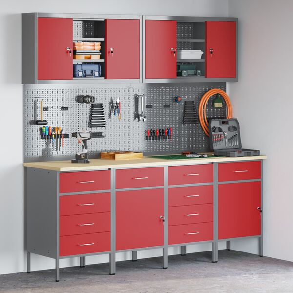 vidaXL Werkbank mit Schubladen 10 pcs Rot Ingenieure Holz und Stahl