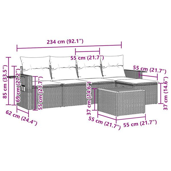 vidaXL 6-tlg. Garten-Sofagarnitur mit Kissen Schwarz Poly Rattan