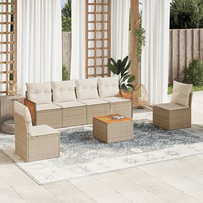 vidaXL 7-tlg. Garten-Sofagarnitur mit Kissen Beige Poly Rattan