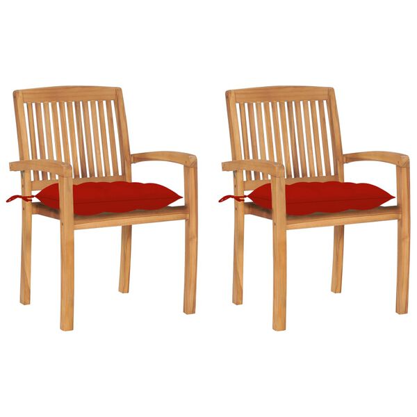 vidaXL Gartenst&uuml;hle 2 Stk. mit Roten Kissen Massivholz Teak