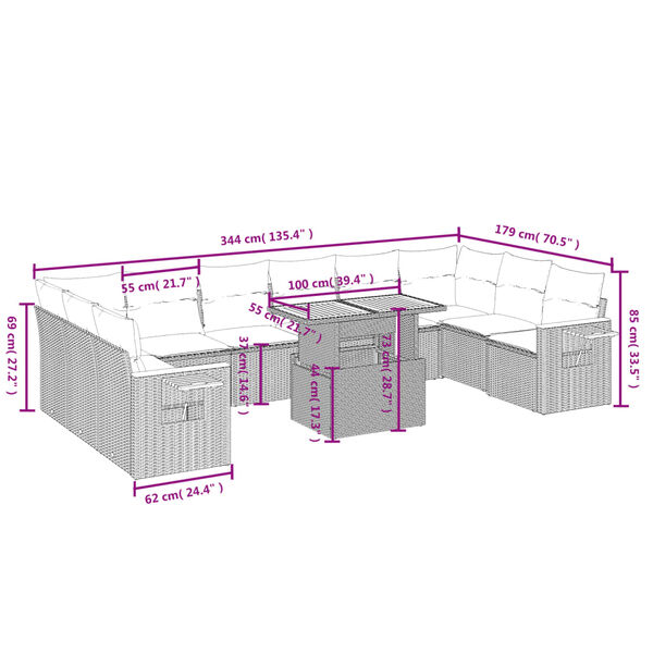 vidaXL 11-tlg. Garten-Sofagarnitur mit Kissen Beige Poly Rattan