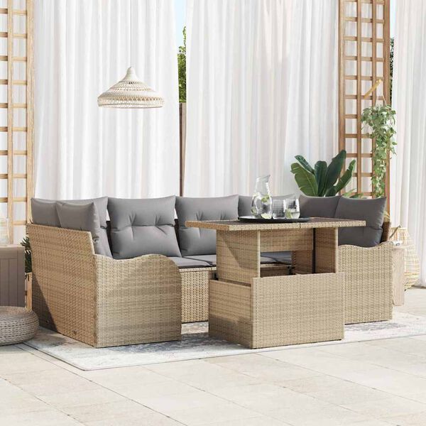 vidaXL Gartensofa-set mit Kissen mit Speicher 7 pcs Beige Poly Rattan