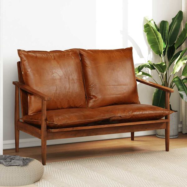 vidaXL 2-Sitzer-Sofa Echtleder Akazienholz Braun