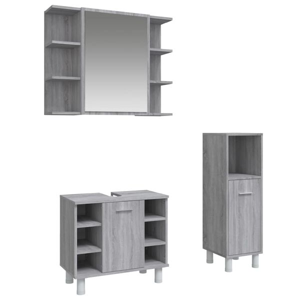 vidaXL 3-tlg. Badm&ouml;bel-Set Grau Sonoma Holzwerkstoff