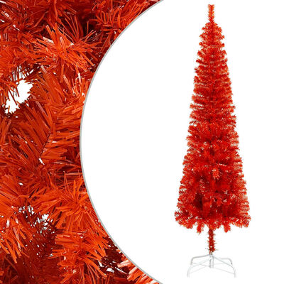 vidaXL Schlanker Weihnachtsbaum mit LEDs & Kugeln Rot 180 cm