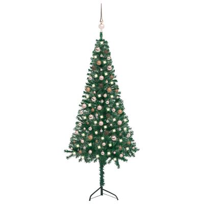 vidaXL Künstlicher Eck-Weihnachtsbaum LEDs & Kugeln Grün 210 cm PVC