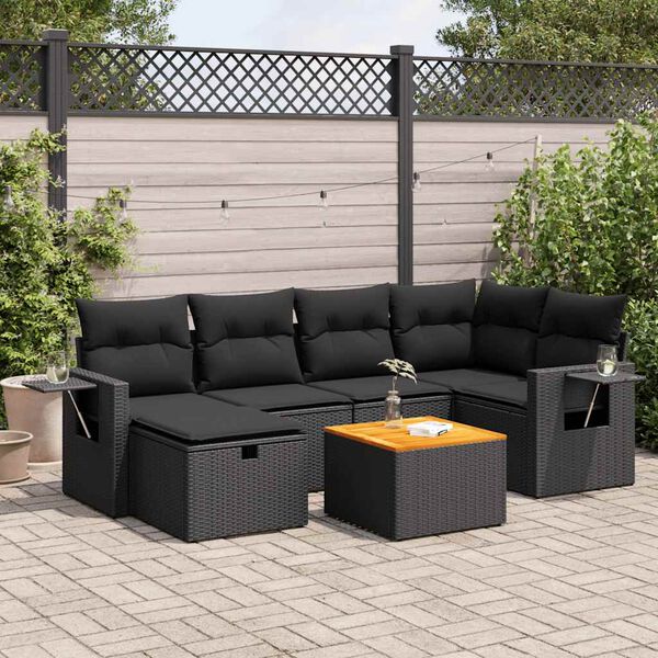 vidaXL 7-tlg. Garten-Sofagarnitur mit Kissen Schwarz Poly Rattan