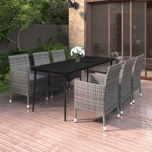 vidaXL 7-tlg. Garten-Essgruppe mit Kissen Poly Rattan und Glas