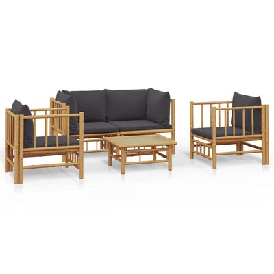 vidaXL 5-tlg. Garten-Lounge-Set mit Dunkelgrauen Kissen Bambus