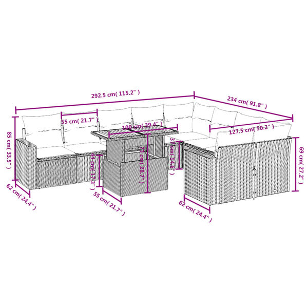 vidaXL 10-tlg. Garten-Sofagarnitur mit Kissen Grau Poly Rattan