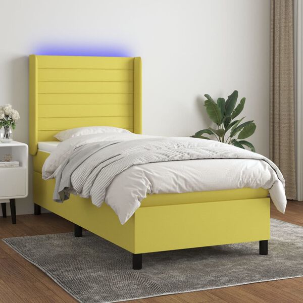 vidaXL Boxspringbett mit Matratze & LED Gr&uuml;n 90x190 cm Stoff