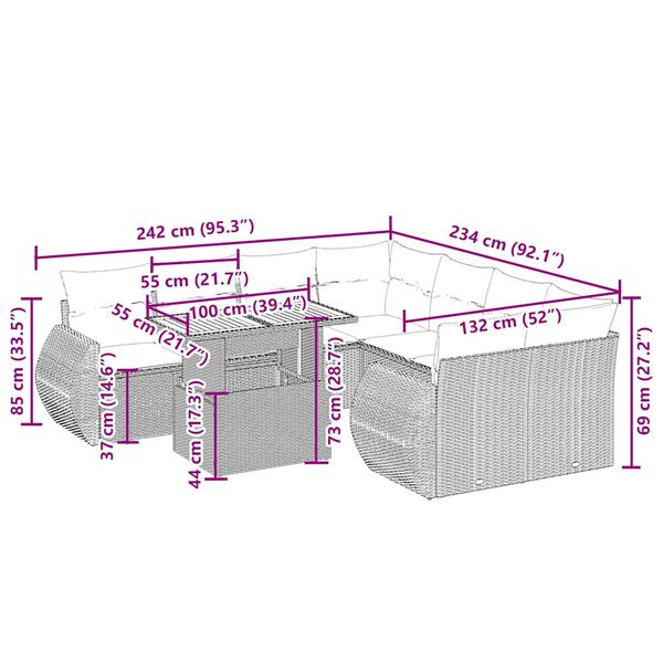 vidaXL 9-tlg. Garten-Sofagarnitur mit Kissen Beige Poly Rattan