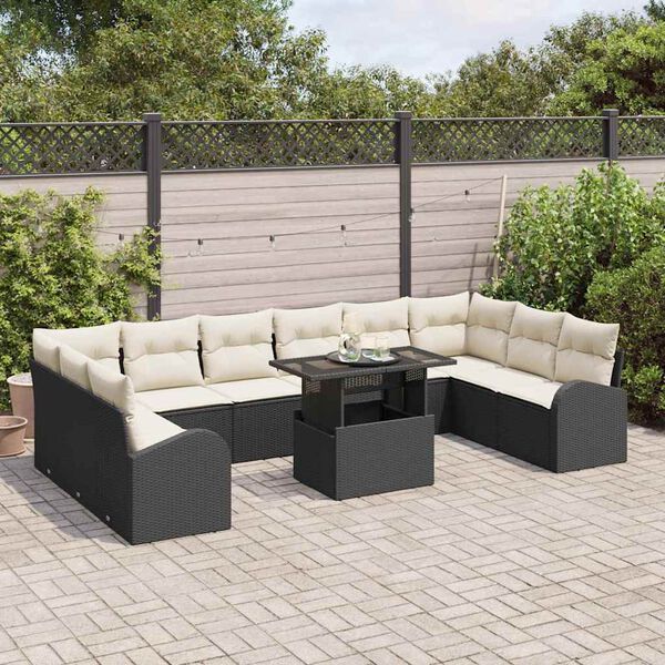vidaXL Garten-Sofa-Set mit Kissen 11 pcs Schwarz und Creme Poly-Rattan