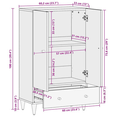 vidaXL Highboard 60x33x100 cm Massivholz Mango