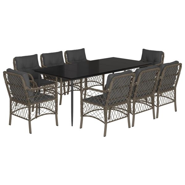 vidaXL 9-tlg. Garten-Essgruppe mit Kissen Grau Poly Rattan