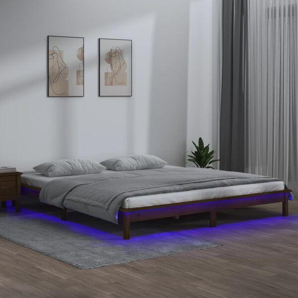 vidaXL Massivholzbett mit LEDs Honigbraun 140x190 cm