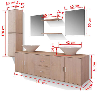 vidaXL 9-tlg. Badmöbel und Waschbecken Set Beige