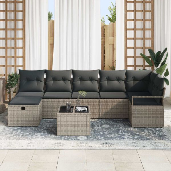 vidaXL Garten-Sofa-Set mit Kissen mit Speicher 8 pcs Grau Poly Rattan