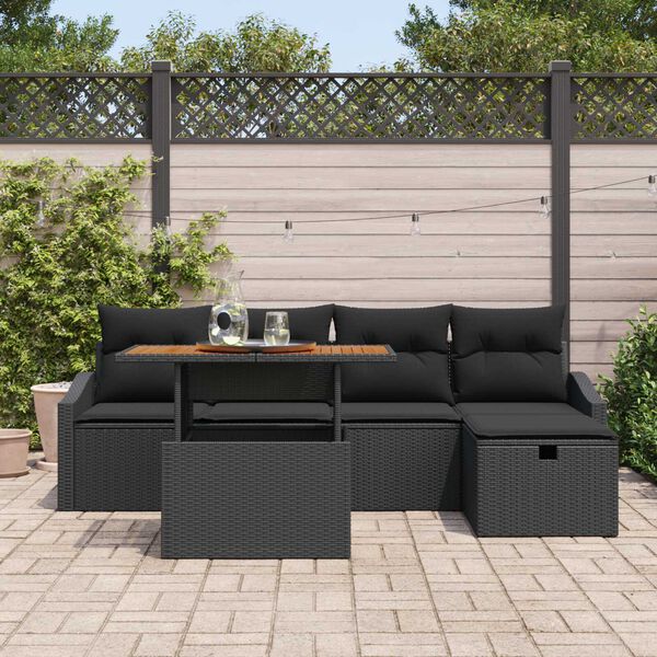 vidaXL Garten-Sofa-Set mit Kissen 6 pcs Schwarz Poly Rattan