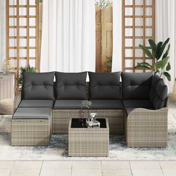 vidaXL Garten-Sofa-Set mit Kissen 7 pcs Hellgrau Poly Rattan