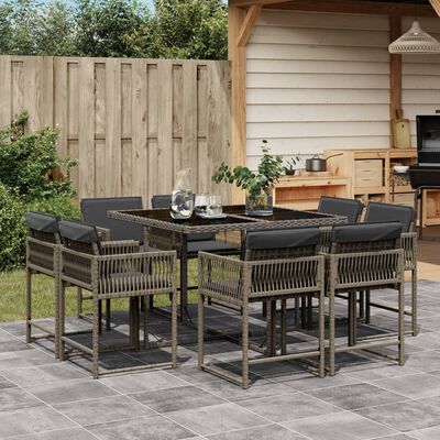 vidaXL 9-tlg. Garten-Essgruppe mit Kissen Grau Poly Rattan