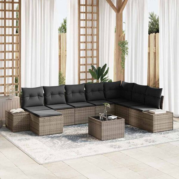 vidaXL Garten-Sofa-Set mit Kissen mit Speicher 8 pcs Grau Poly-Rattan