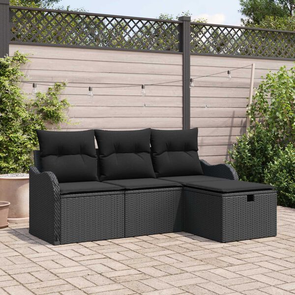 vidaXL Garten-Sofa-Set mit Kissen 4 pcs Schwarz Poly Rattan
